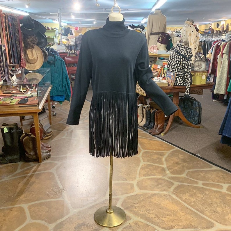 1980s 1990s Andrea Jovine black wool turtleneck sweater with long fringe Vintage 80s wool fringe sweater