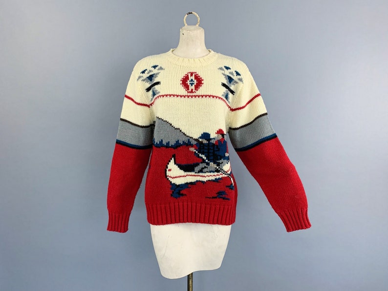 Vintage 80s canoe sweater | 1980s Sara International Southwestern design canoe outdoor lake mountains landscape scene novelty print shops sweater