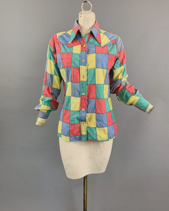 Vintage 70s patchwork madras blouse | 1970s Sears 