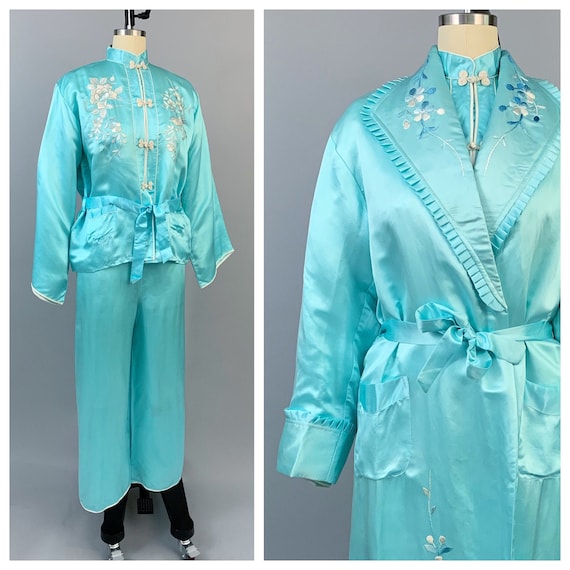 Vintage 40s 50s aqua silk pajamas robe set in orig