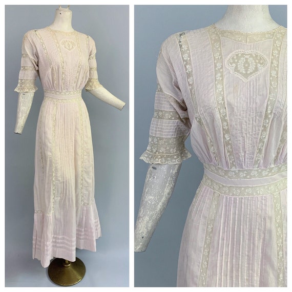 Antique Edwardian pink cotton & lace tea dress | 1