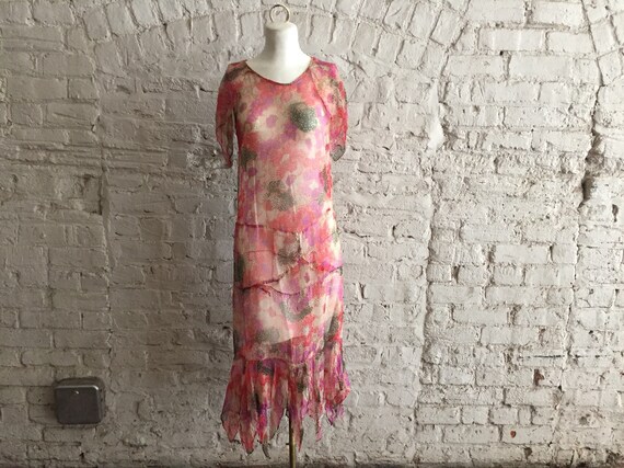 1920s/1930s sheer silk chiffon floral scarf hem dr