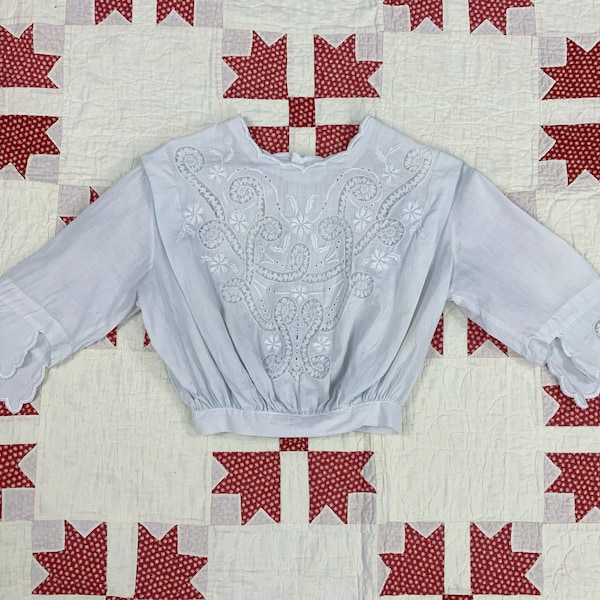 Antique 1910s Edwardian white cotton embroidered cropped blouse