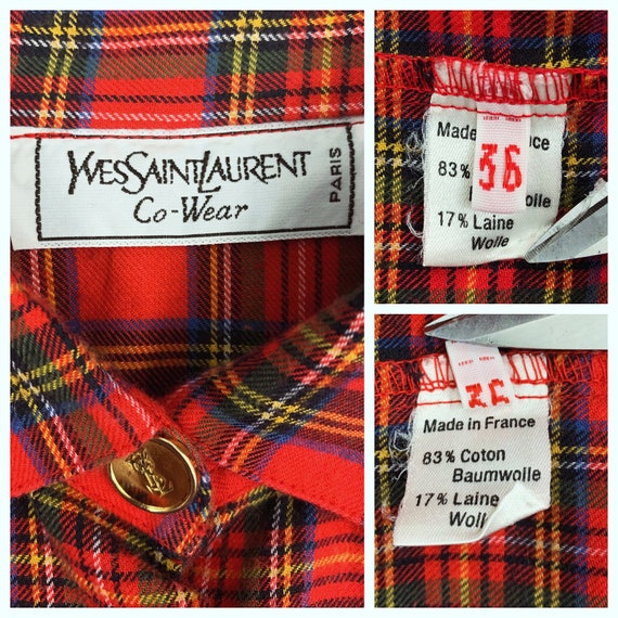 Vintage 80s Yves Saint Laurent red plaid tartan f… - image 2