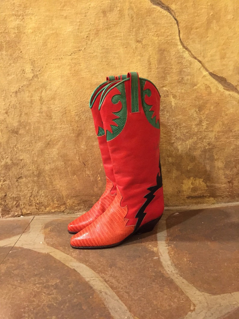 Charles David 1980s red snakeskin embossed patched red leather Southwestern cowboy boots made in Italy