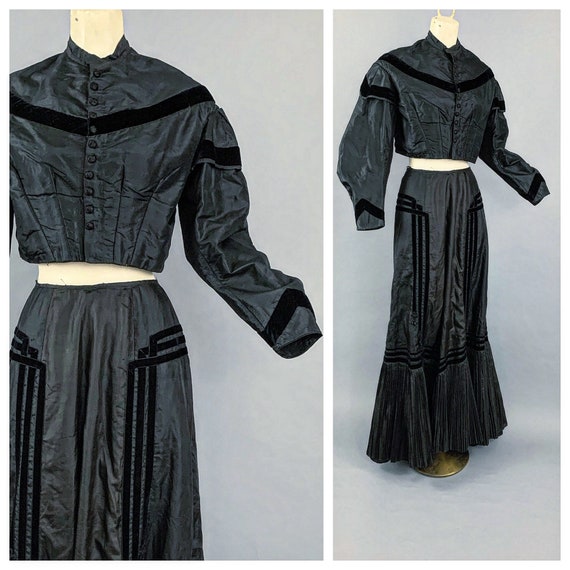 Antique Victorian 1800s black silk taffeta mourni… - image 1