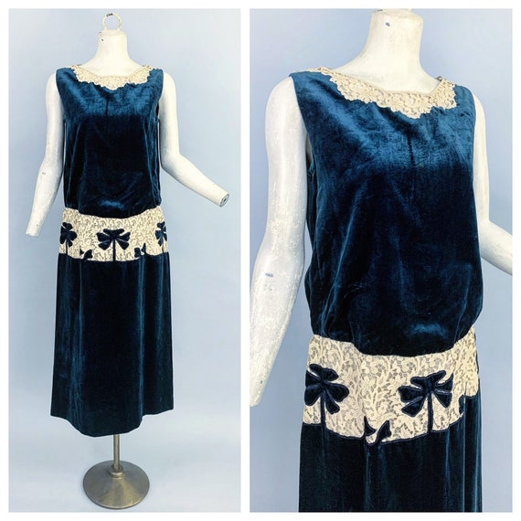 1920s sapphire velvet & lace dress | Vintage 20s b