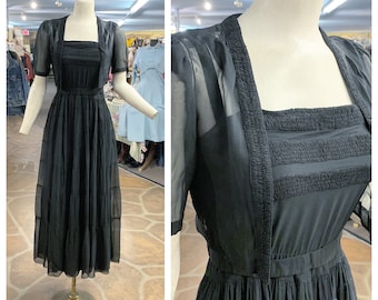 Vintage 30s 40s silk dress | 1930s 1940s black silk chiffon tiered gown with matching little jacket bolero