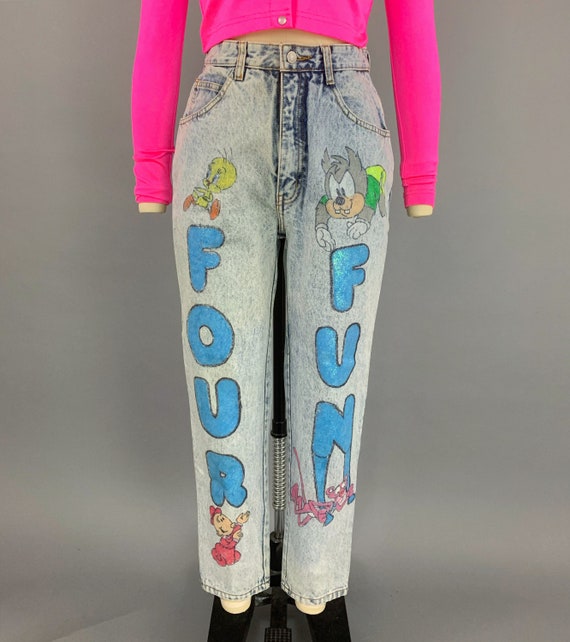 Vintage 90s hand painted denim jeans | 1990s Four Fun… - Gem