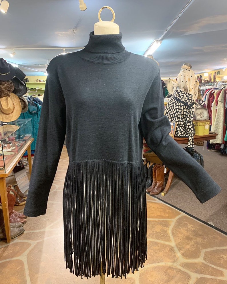 1980s 1990s Andrea Jovine black wool turtleneck sweater with long fringe Vintage 80s wool fringe sweater