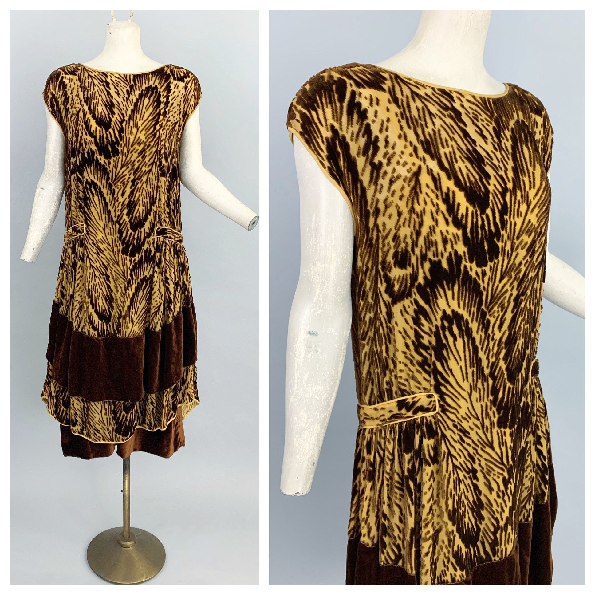 1920s burnout silk velvet flapper dress | Antique 20s devore burnout velvet leaf tiger animal print flapper dress