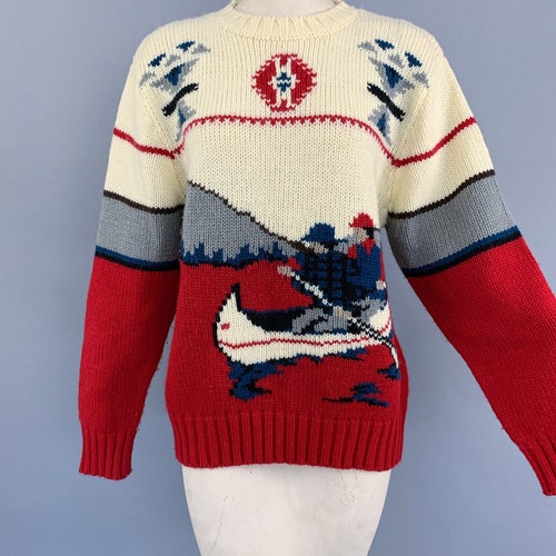 Vintage 80s canoe sweater | 1980s Sara International Southwestern design canoe outdoor lake mountains landscape scene novelty print shops sweater