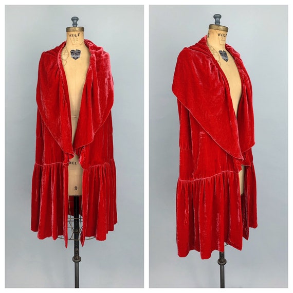 Vintage 20s red silk velvet wrap cape opera coat