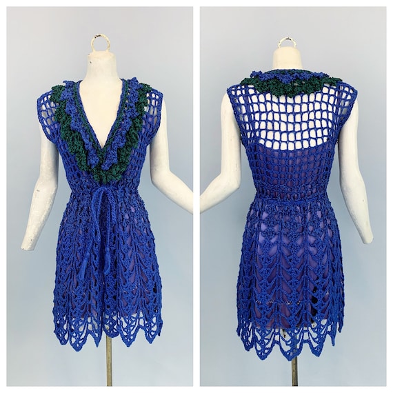 Vintage 60s 70s crochet dress | 1960s 1970s blue c
