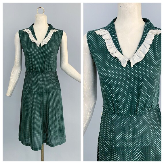 Vintage 30s green polka dot cotton day dress with