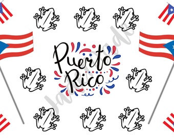 May include: A white background with a red, white, and blue Puerto Rican flag, a string of flags, and the words "Puerto Rico" in black script. There are also several small black frog silhouettes scattered around the image.