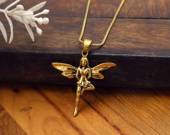 Gold Fairy Pendant Necklace: Brass Winged Fairy Charm