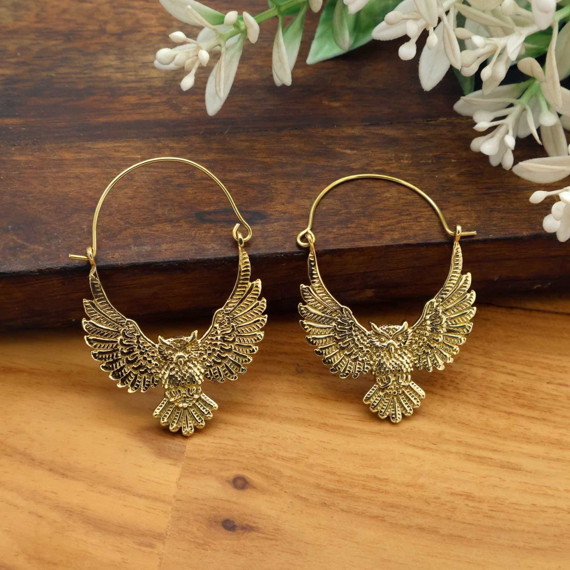 Golden owl Bird earrings, Handmade Bohemian earrings, Brass Vintage hoop earring jewelry in golden &