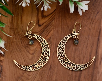 Crescent Moon Filigree Earrings Turquoise Stone Drop Gold Silver Celestial Earrings Boho Dangle Gift