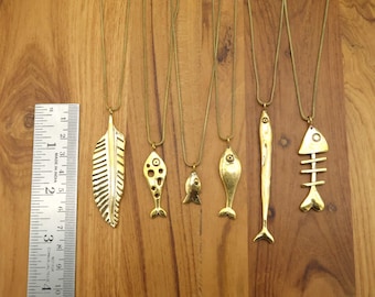 Unisex fish leaf necklace pendant in golden color, fish shape statement brass bohemian necklace for men women,best gift idea
