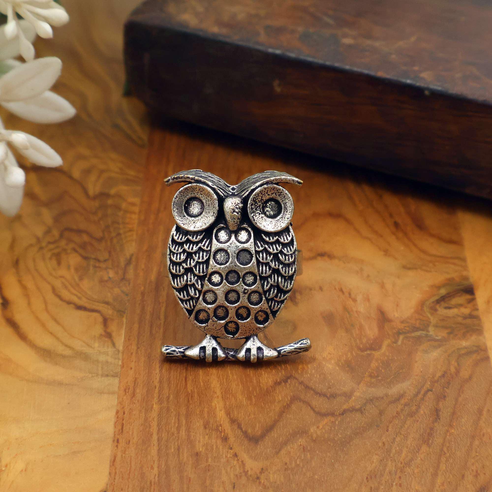 Adjustable Owl Ring Antique Silver Boho Statement Handmade Animal Jewelry | Cottagecore Gift for Her