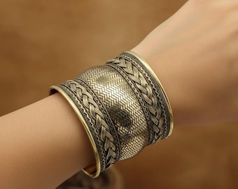 Wide Brass Cuff Bracelet Boho Tribal Woven Bangle Vintage Statement Jewelry | Adjustable for Women & Men