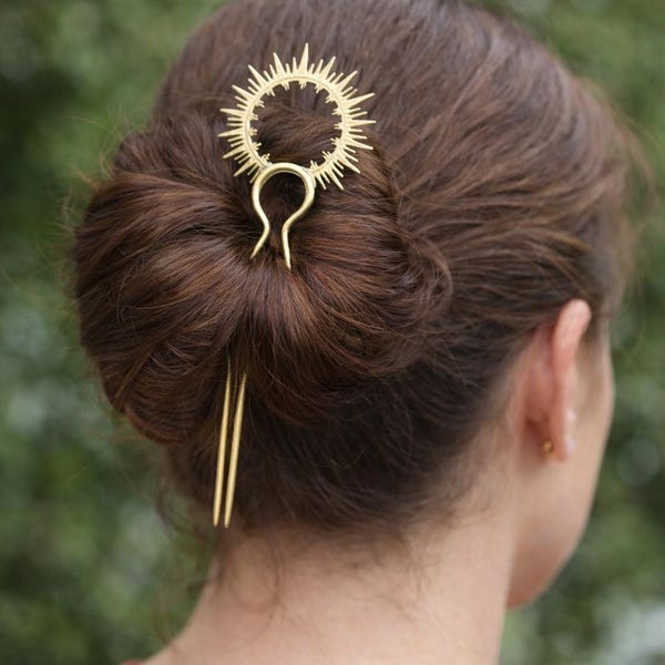 Brass Sunburst Hair Handmade stick Pin Minimalist Bun Holder, Boho Hair Accessory Gift for Her