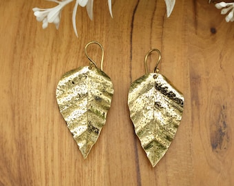 Hammered Brass Leaf Earrings Boho Botanical Drop Nature Inspired Lightweight Statement Jewelry