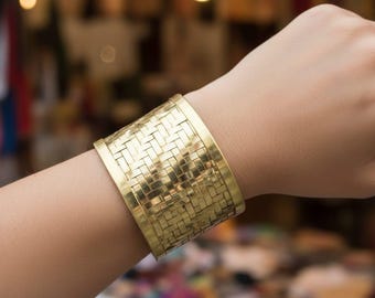 Wide Brass Cuff Bracelet Woven Boho Statement Bangle Tribal Handmade Festival Bracelet Bold Bohemian Jewelry