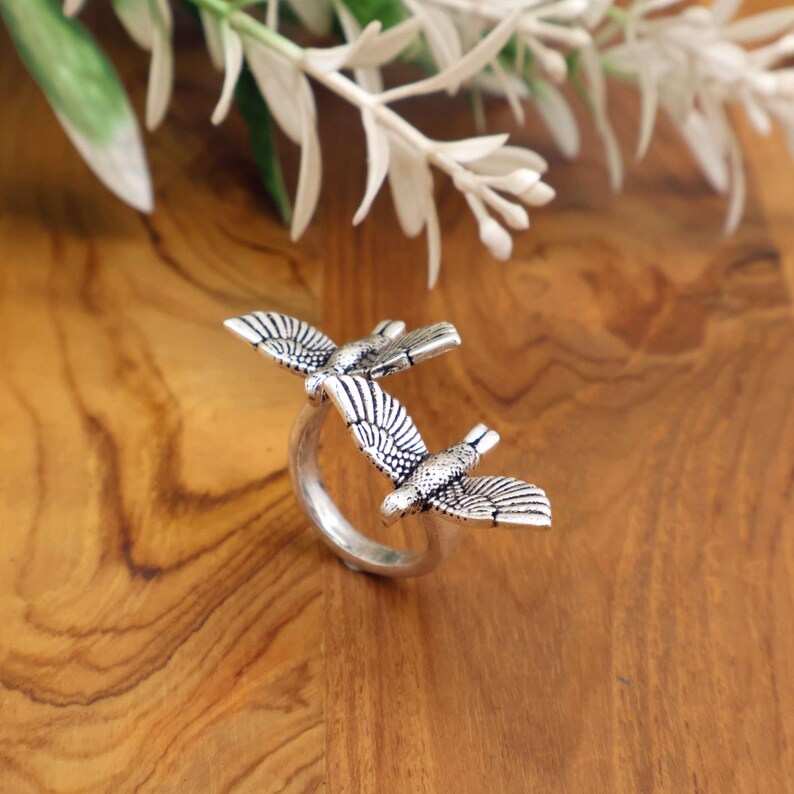 Bird Ringing Colored Rings Double Bird Adjustable Ring: Boho Nature Inspired Silver Brass Jewelry ...