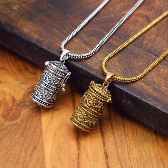 Tibetan Prayer Wheel Necklace: Brass & Silver Om Mani Padme Hum Pendant