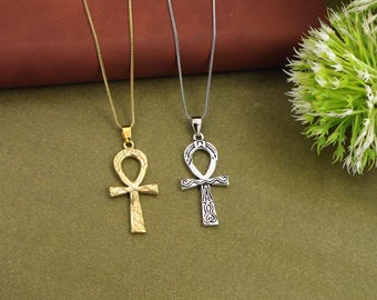 Ankh Egyptian Cross plus Pendant Golden silver Necklace, Ancient Egypt Spiritual Jewelry