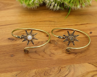 Sunburst gemstone adjustable golden thin bracelet, moonstone floral bangle