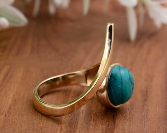 Gemstone plain brass golden bohemian ring, turquoise stone ring for men