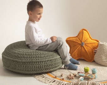 Large floor cushion for kids room Green round knitted pouf Crochet pouf for kids Floor pillow pouf chair Knitted footstool Nursery decor