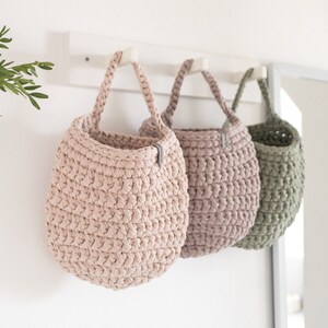 Knitted single handle hanging storage basket Crocheted basket for storage and organization Large crocheted hanging basket for kitchen image 2