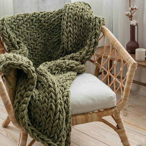 Chunky Knit Blanket Green Wool Throw Blanket in Different Etsy