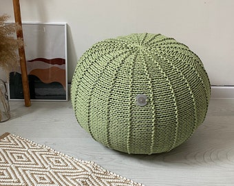 Sage green knitted pouf, chartreuse floor pouf ottoman Knitted pouf Knit pouf Knitted ottoman Footstool Green ottoman