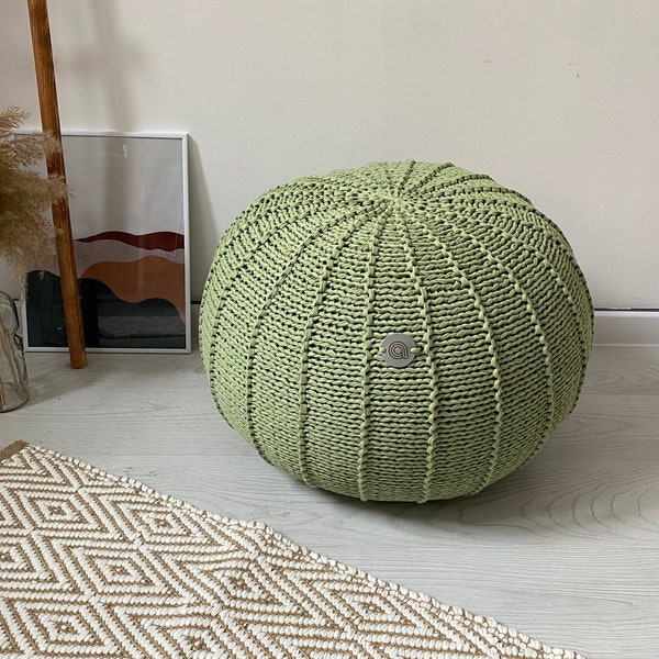 Sage green knitted pouf, chartreuse floor pouf ottoman Knitted pouf Knit pouf Knitted ottoman Footstool Green ottoman