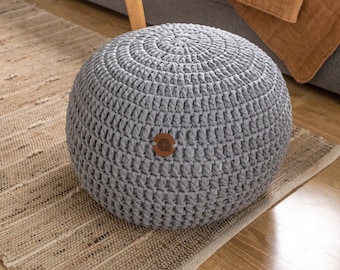 Knitted round gray pouf, Chunky footstool ottoman, Stuffed crocheted pouf, Grey pouf cover, Floor cushion, Knitted ottoman Knitted footstool