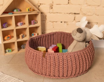 Large round toy storage basket rose gold color, Crocheted storage basket for nursery, Round knitted basket, Knitted basket for toys, Gift