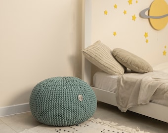 Boho small smoky pouf for kids room Knitted blue pouf for living room Stuffed pouf Floor cushion for children room Footstool ottoman
