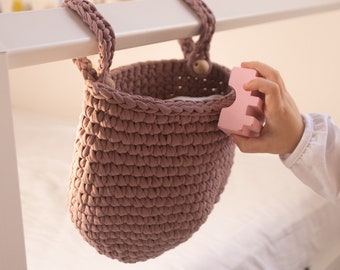 Crib hanging storage basket, Knitted hanging basket, Cotton rose gold crochet storage basket, Baby nursery decor Crib toy pocket storage bag