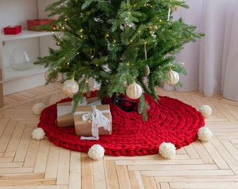 Christmas tree skirt with pompons, red knit tree skirt, crochet Christmas tree, kids room Christmas tree decor, best seller tree skirt