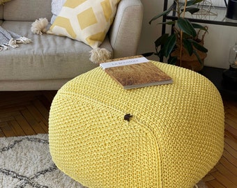 Lemon bright knitted pouf, Coffee table Square pouf Floor pouf ottoman Crochet pouf Knit pouf Knitted footstool Rectangular pouf