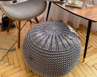 Living Room Pouf, round footstool, Crochet Pouf Ottoman, handmade knit pouf, Modern nursery decor, knit pouffe, Eco Friendly Decor
