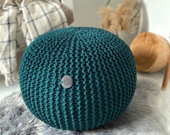 Dark green knitted pouf, Chunky knit pouf, Pouf ottoman, Green knit chair Pouffe Cotton footstool Green decor