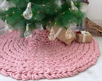 Pink Christmas tree skirt 40 inches, knit tree skirts, dusty pink hand tree skirt, Christmas gift, Christmas present