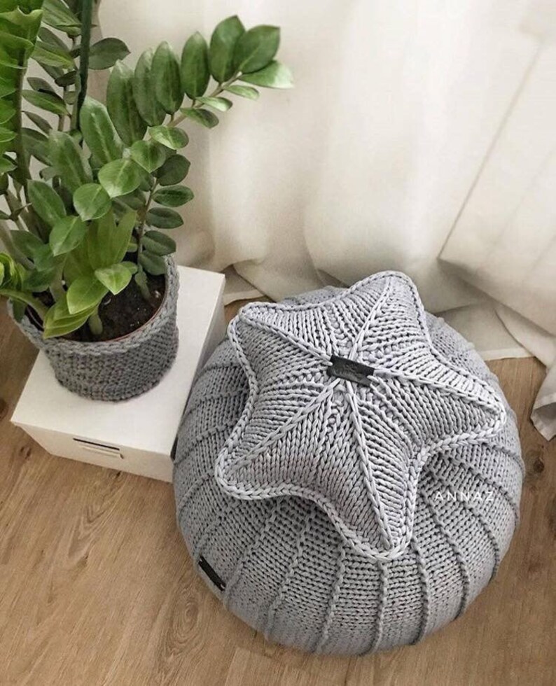 Gray knitted pouf Floor pouf ottoman Knit pouf Knitted ottoman Footstool Gray ottoman
