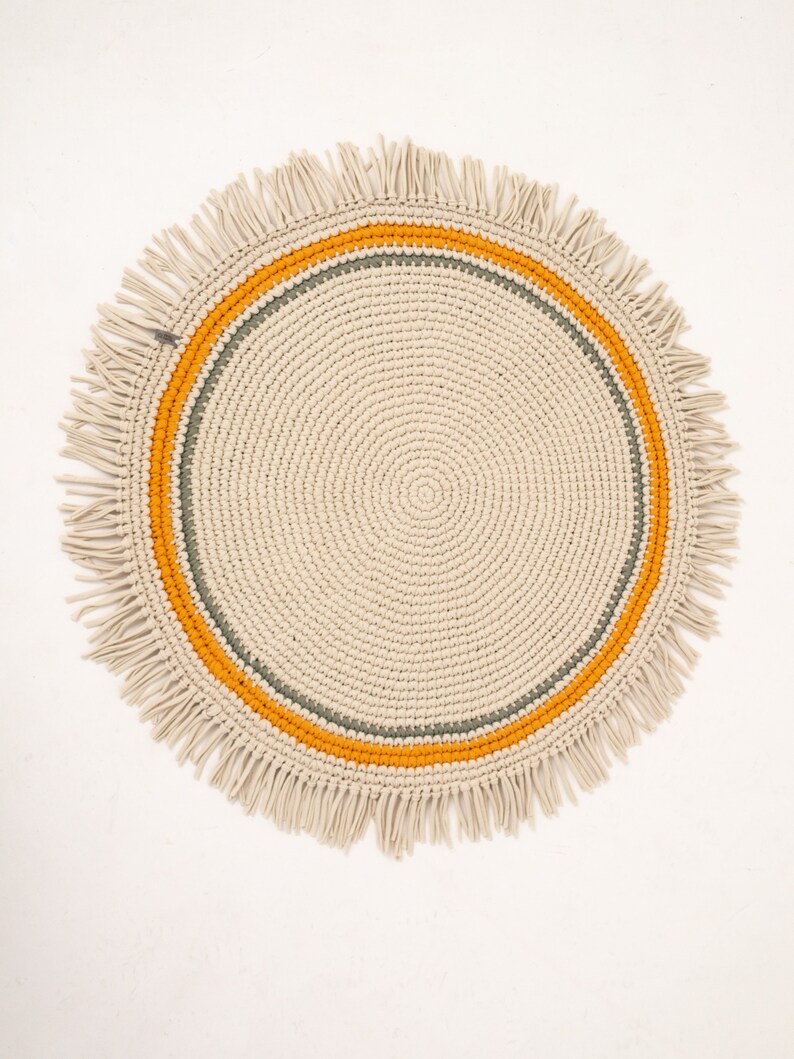 Christmas gift Knitted boho nursery rug Round crochet rug with fringe Cotton circle washable rug Soft nursery kids room decor color beige Ecru